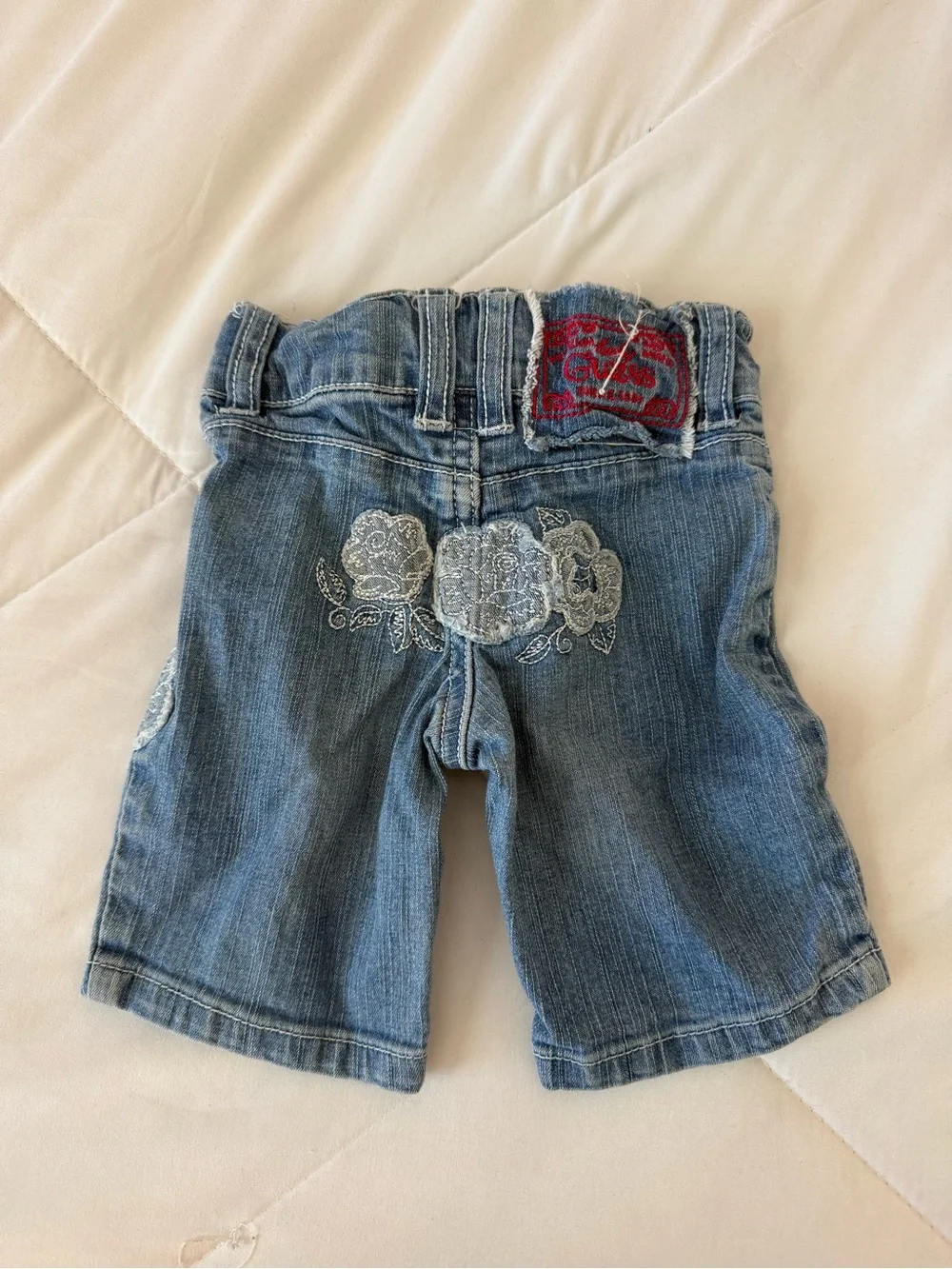 Vintage Guess Blue Denim Jeans with Cream Tie and Red Waist Accents